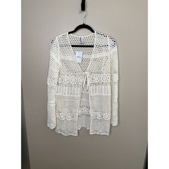 NWT Forever 21 Womens Crochet Open Front Sweater Ivory Medium Swim Coverup - Picture 1 of 5